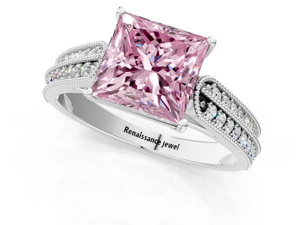 White gold Fancy Pink Princess Cut Cut Pave Split Shank Engagement Ring with Four-Prong Setting