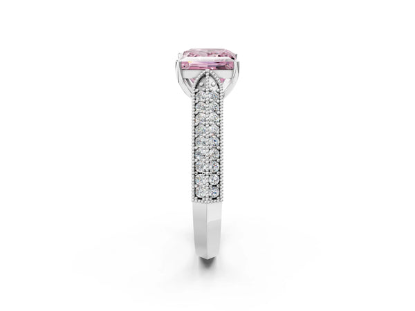 White gold Fancy Pink Princess Cut Cut Pave Split Shank Engagement Ring with Four-Prong Setting
