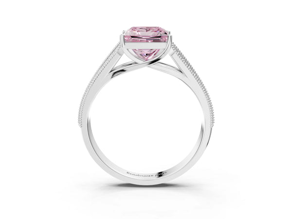 White gold Fancy Pink Princess Cut Cut Pave Split Shank Engagement Ring with Four-Prong Setting