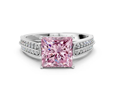 White gold Fancy Pink Princess Cut Cut Pave Split Shank Engagement Ring with Four-Prong Setting