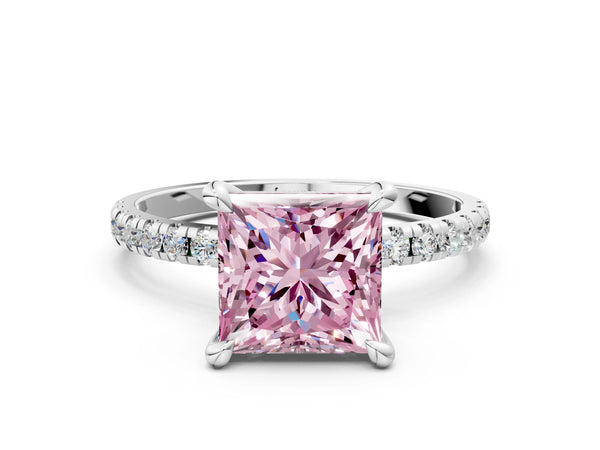 Platinum Fancy Pink Princess Cut Diamond Brilliant Solitaire Ring with Pavé Band and Four-Prong Setting
