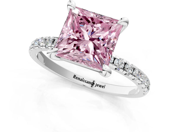Platinum Fancy Pink Princess Cut Diamond Brilliant Solitaire Ring with Pavé Band and Four-Prong Setting