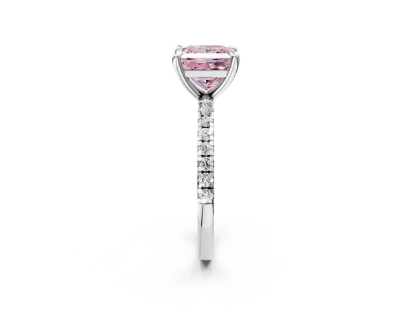 Platinum Fancy Pink Princess Cut Diamond Brilliant Solitaire Ring with Pavé Band and Four-Prong Setting