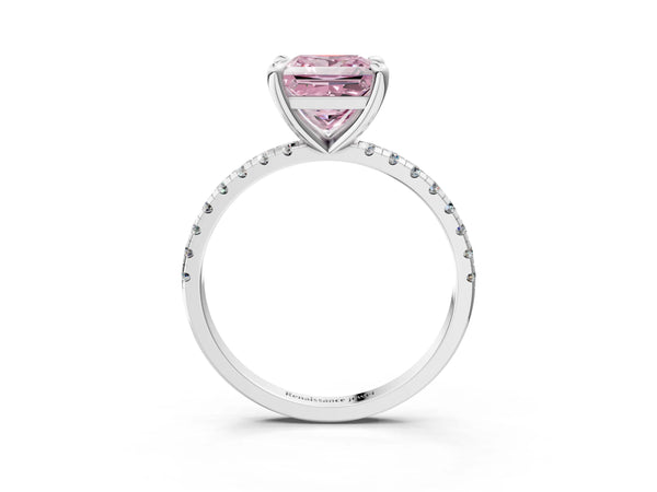 Platinum Fancy Pink Princess Cut Diamond Brilliant Solitaire Ring with Pavé Band and Four-Prong Setting