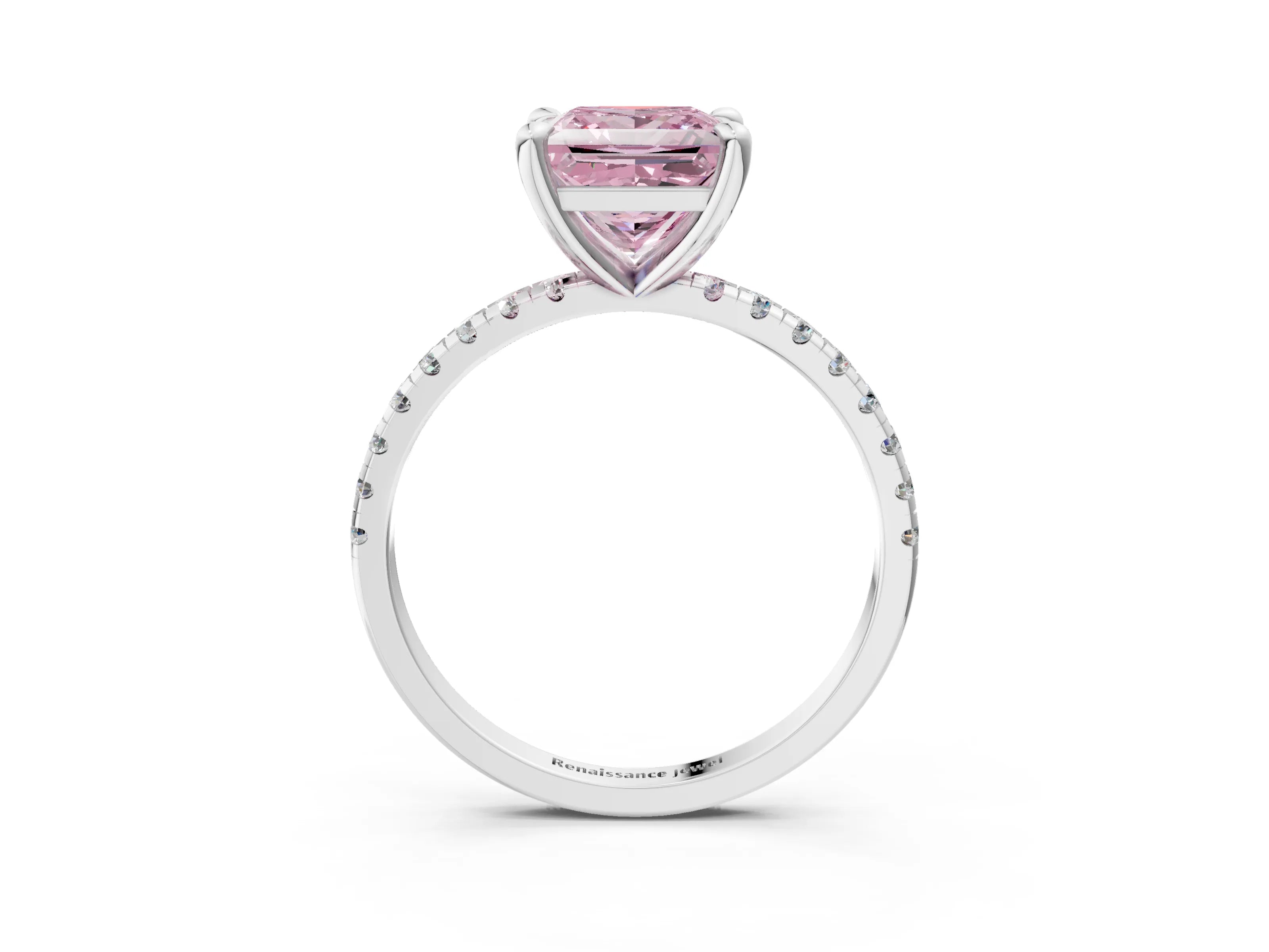 White gold Fancy Pink Princess Cut Diamond Brilliant Solitaire Ring with Pavé Band and Four-Prong Setting_3