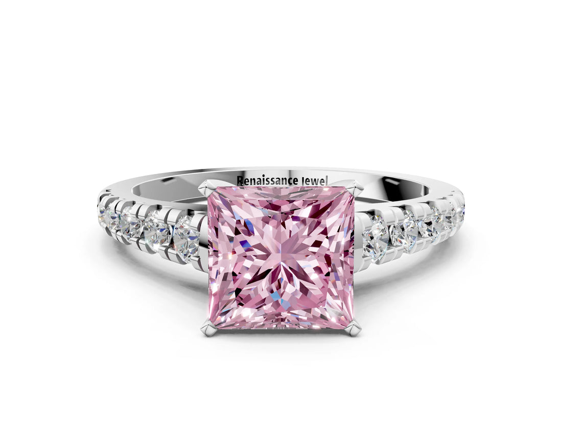 White gold Fancy Pink Princess Cut Diamond Cathedral Solitaire Ring with Round  Pavé Band_53