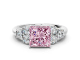 White gold Fancy Pink Princess  Cut Diamond Cluster Ring with Round Accent Stones and Prong Setting on a Classic Band_29