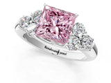 White gold Fancy Pink Princess  Cut Diamond Cluster Ring with Round Accent Stones and Prong Setting on a Classic Band_30