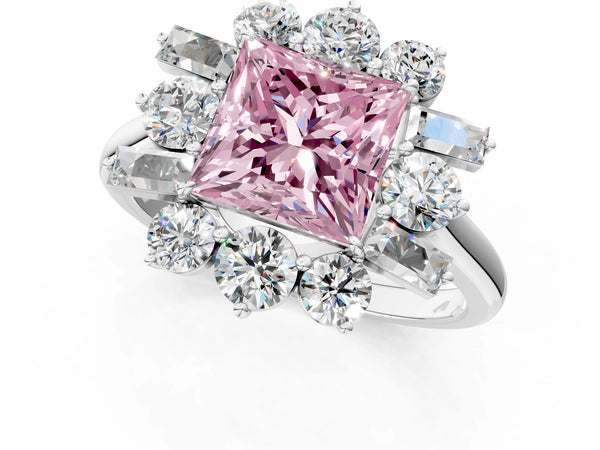 Platinum Fancy Pink Princess Cut Diamond Cluster Ring with Round and Baguette Stones, Split Shank Band, Prong Setting
