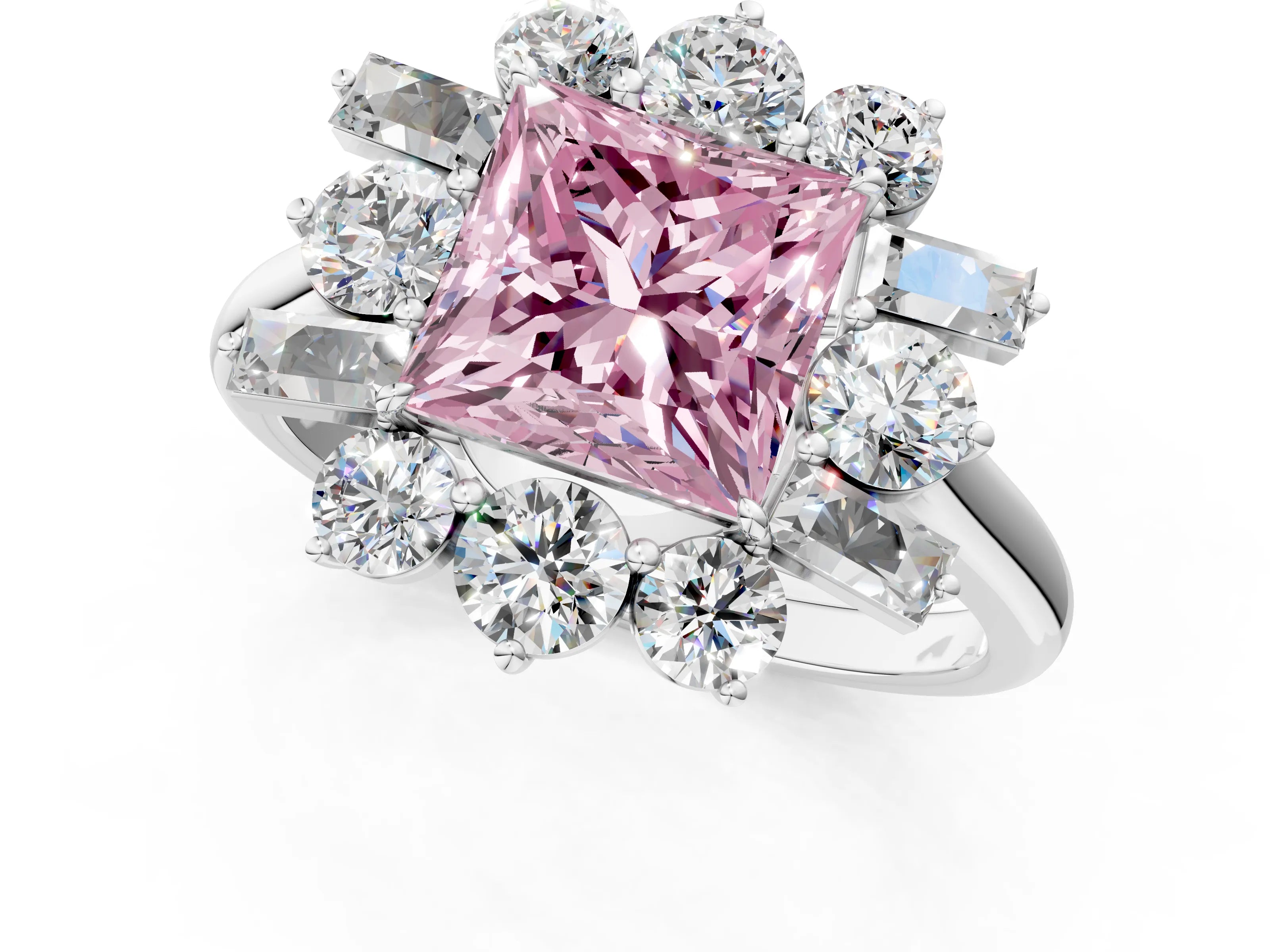 White gold Fancy Pink Princess Cut Diamond Cluster Ring with Round and Baguette Stones, Split Shank Band, Prong Setting_13