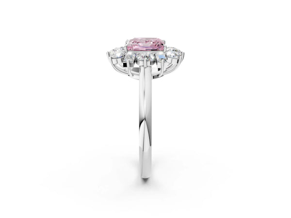 Platinum Fancy Pink Princess Cut Diamond Cluster Ring with Round and Baguette Stones, Split Shank Band, Prong Setting
