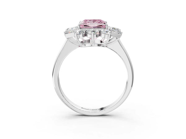 Platinum Fancy Pink Princess Cut Diamond Cluster Ring with Round and Baguette Stones, Split Shank Band, Prong Setting