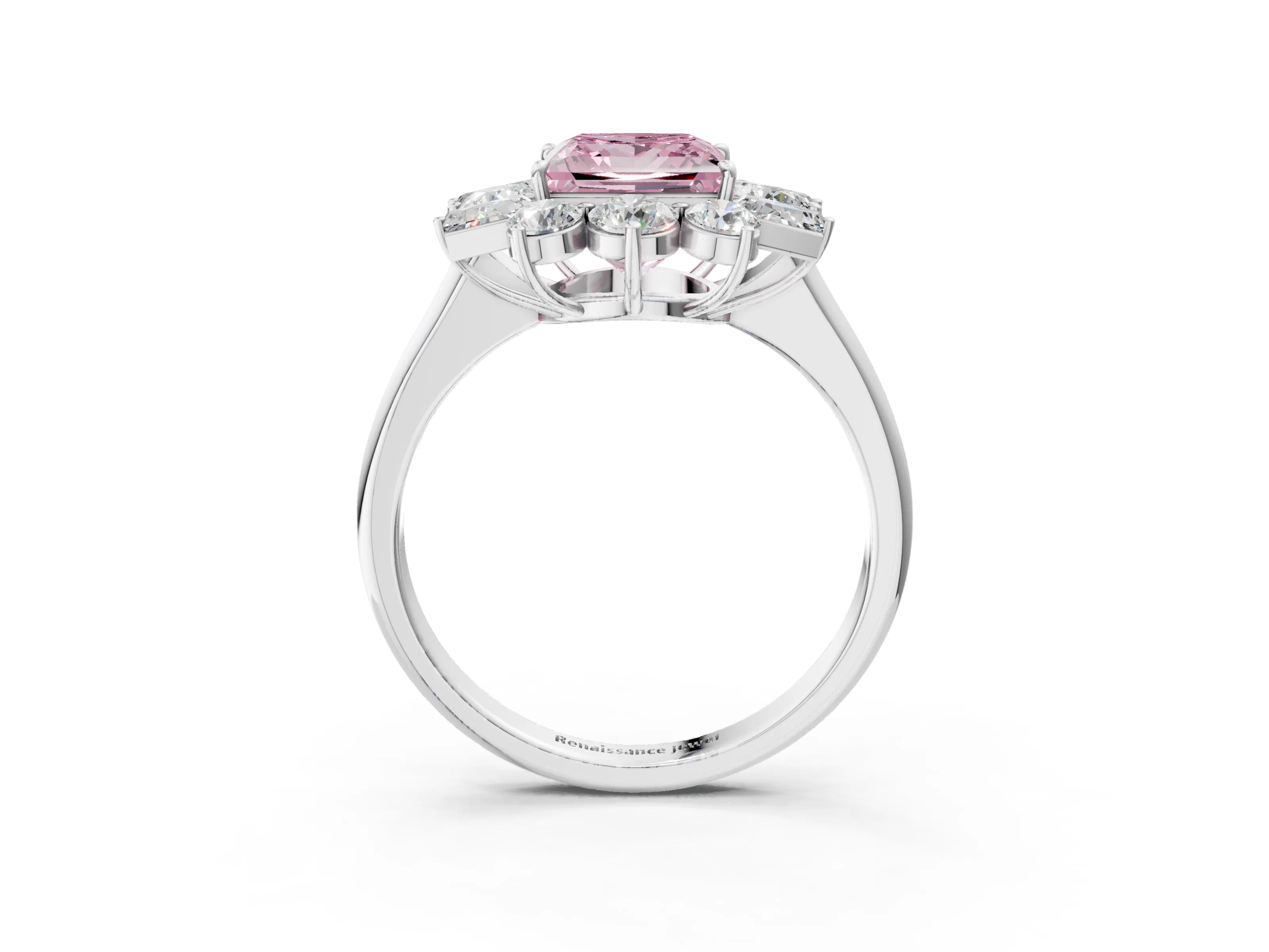 White gold Fancy Pink Princess Cut Diamond Cluster Ring with Round and Baguette Stones, Split Shank Band, Prong Setting_15