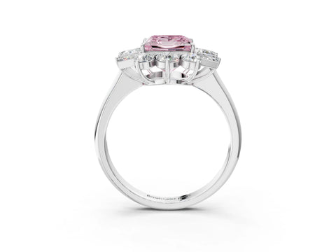 White gold Fancy Pink Princess Cut Diamond Cluster Ring with Round and Baguette Stones, Split Shank Band, Prong Setting_15