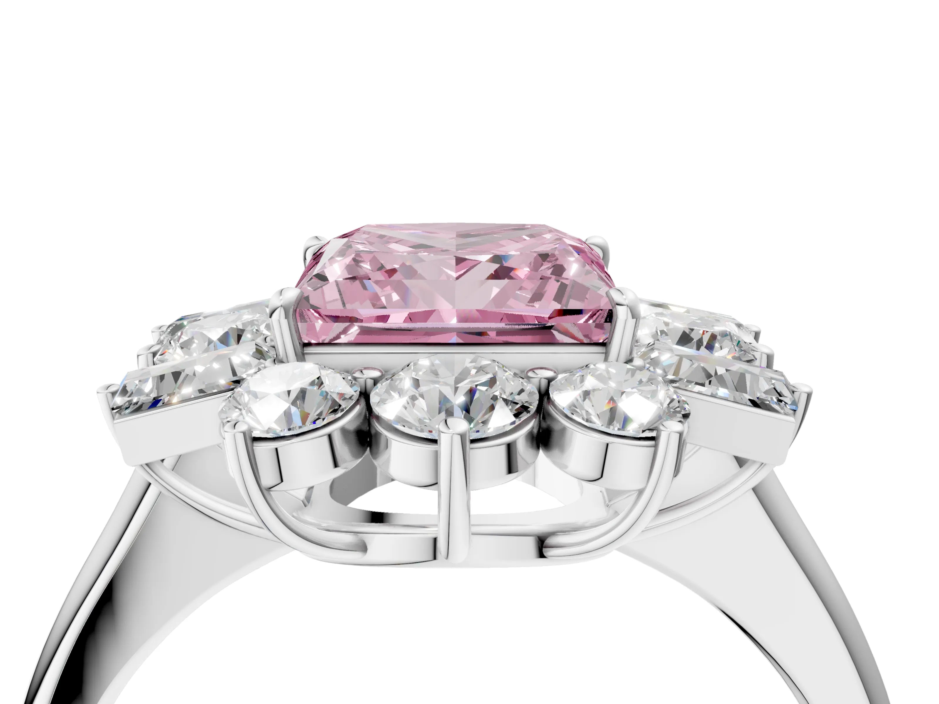 White gold Fancy Pink Princess Cut Diamond Cluster Ring with Round and Baguette Stones, Split Shank Band, Prong Setting_16