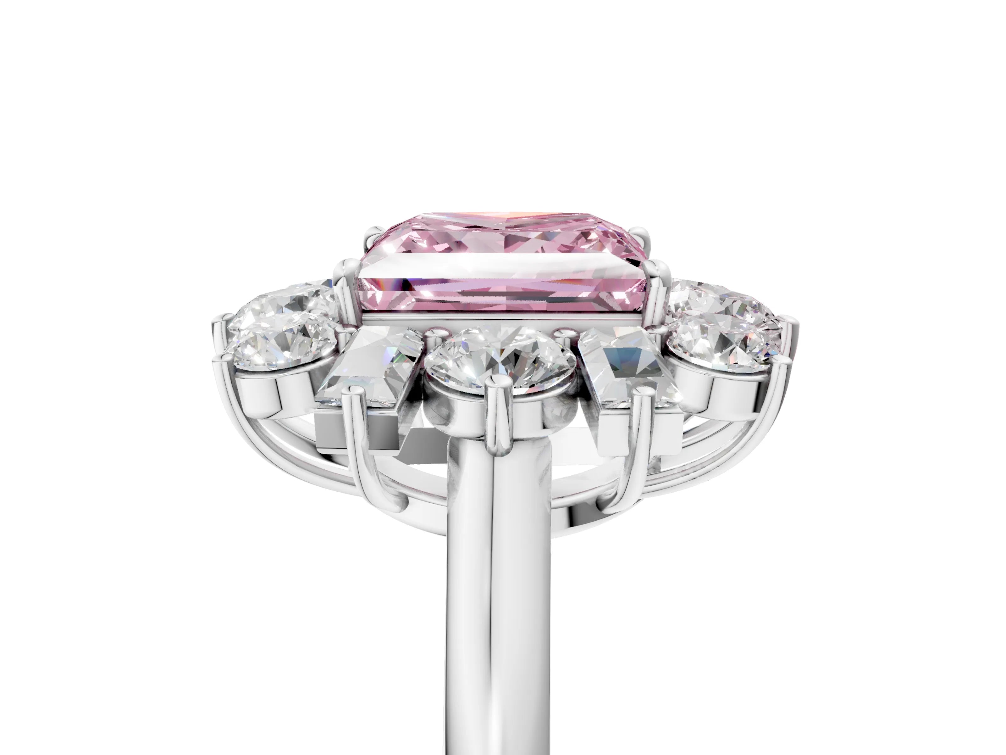 White gold Fancy Pink Princess Cut Diamond Cluster Ring with Round and Baguette Stones, Split Shank Band, Prong Setting_17