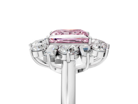 White gold Fancy Pink Princess Cut Diamond Cluster Ring with Round and Baguette Stones, Split Shank Band, Prong Setting_17