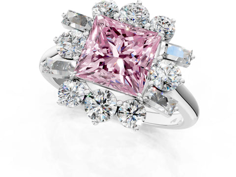White gold Fancy Pink Princess Cut Diamond Cluster Ring with Round and Baguette Stones, Split Shank Band, Prong Setting_1