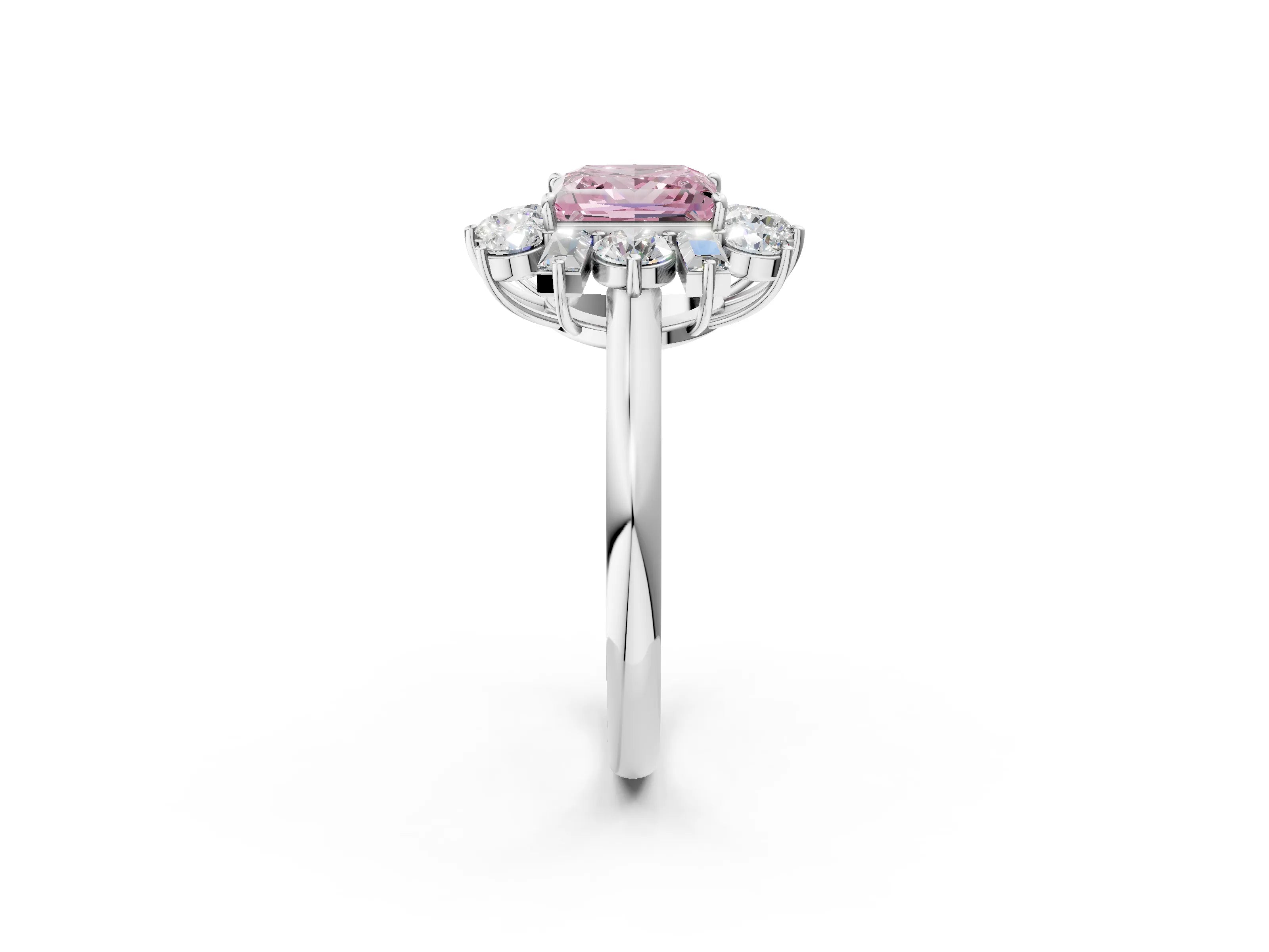 White gold Fancy Pink Princess Cut Diamond Cluster Ring with Round and Baguette Stones, Split Shank Band, Prong Setting_2