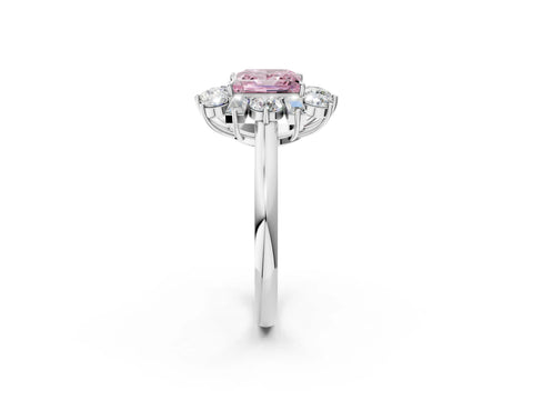 White gold Fancy Pink Princess Cut Diamond Cluster Ring with Round and Baguette Stones, Split Shank Band, Prong Setting_2