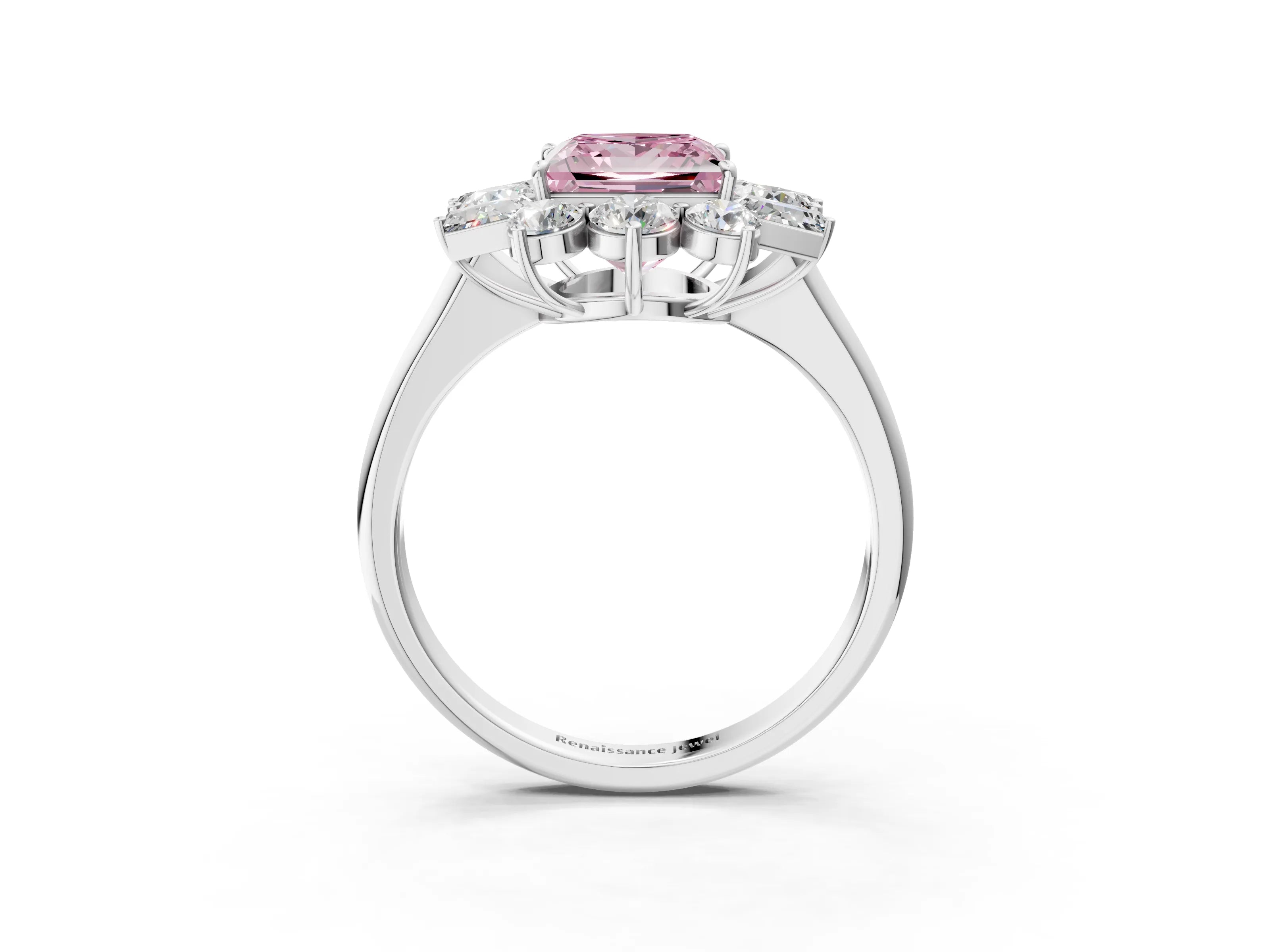 White gold Fancy Pink Princess Cut Diamond Cluster Ring with Round and Baguette Stones, Split Shank Band, Prong Setting_3