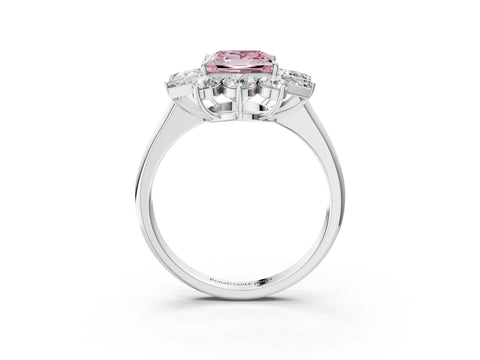 White gold Fancy Pink Princess Cut Diamond Cluster Ring with Round and Baguette Stones, Split Shank Band, Prong Setting_3