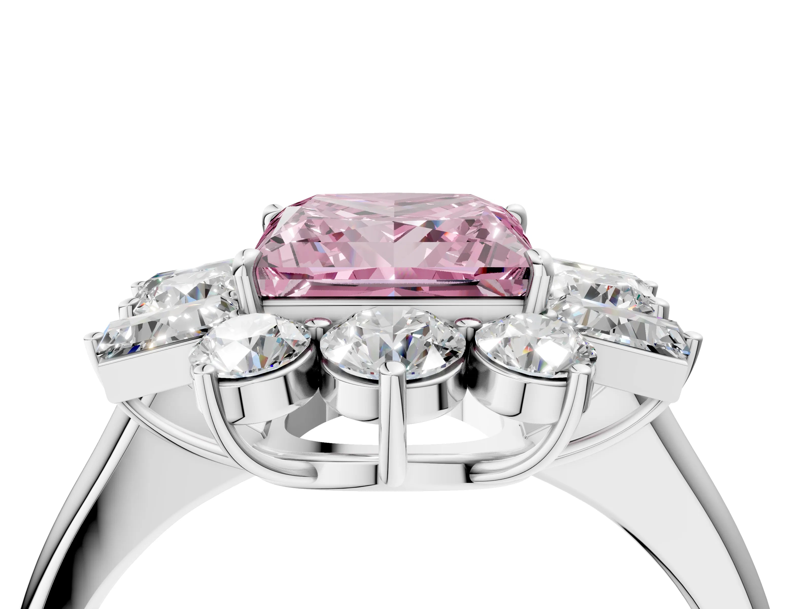 White gold Fancy Pink Princess Cut Diamond Cluster Ring with Round and Baguette Stones, Split Shank Band, Prong Setting_4