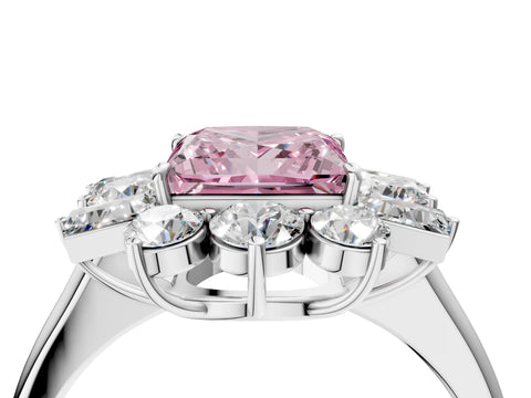White gold Fancy Pink Princess Cut Diamond Cluster Ring with Round and Baguette Stones, Split Shank Band, Prong Setting_4