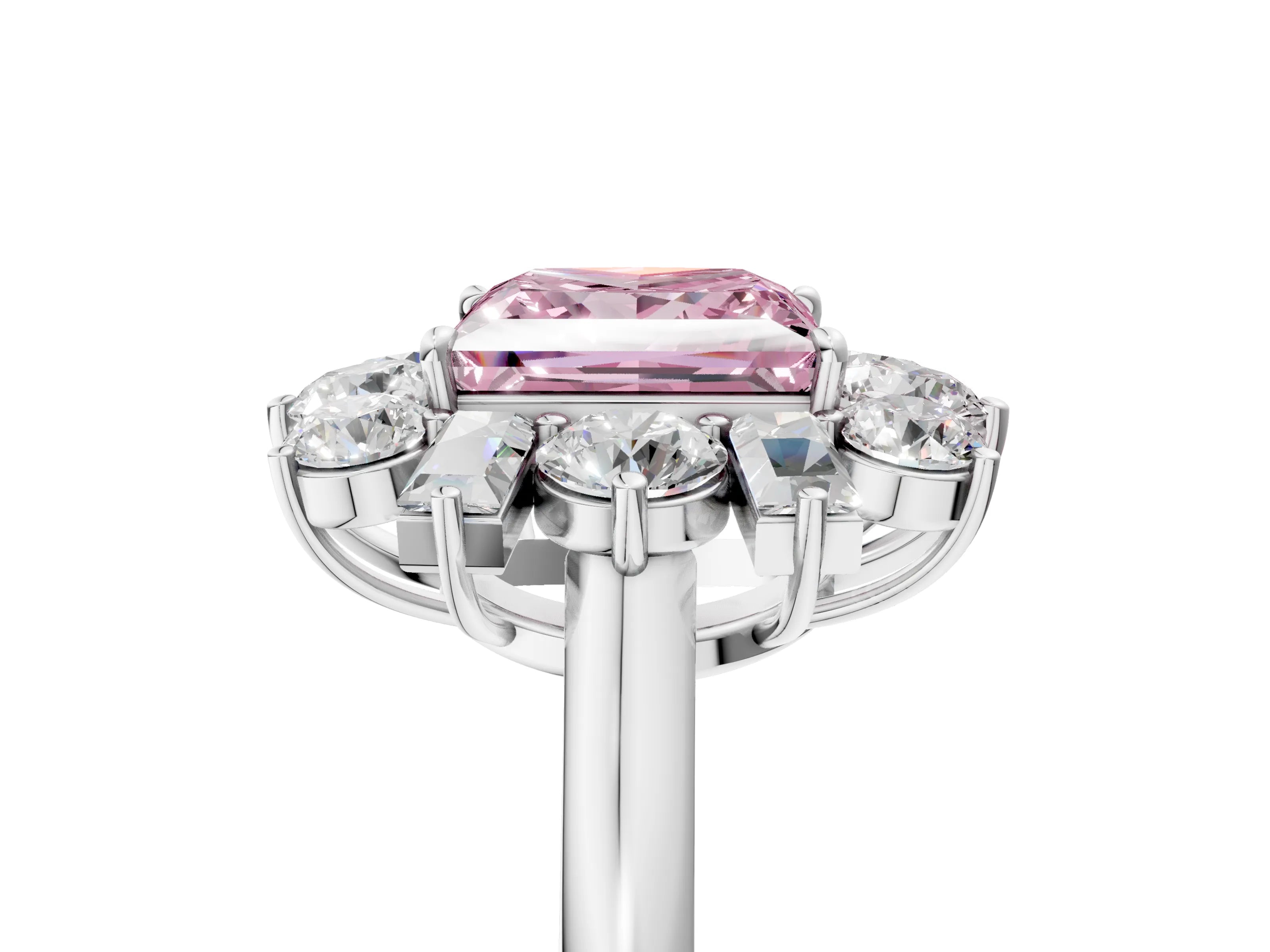 White gold Fancy Pink Princess Cut Diamond Cluster Ring with Round and Baguette Stones, Split Shank Band, Prong Setting_5