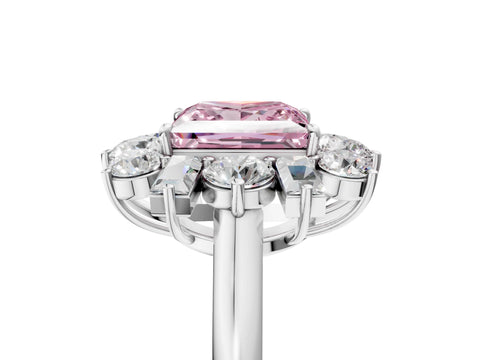 White gold Fancy Pink Princess Cut Diamond Cluster Ring with Round and Baguette Stones, Split Shank Band, Prong Setting_5