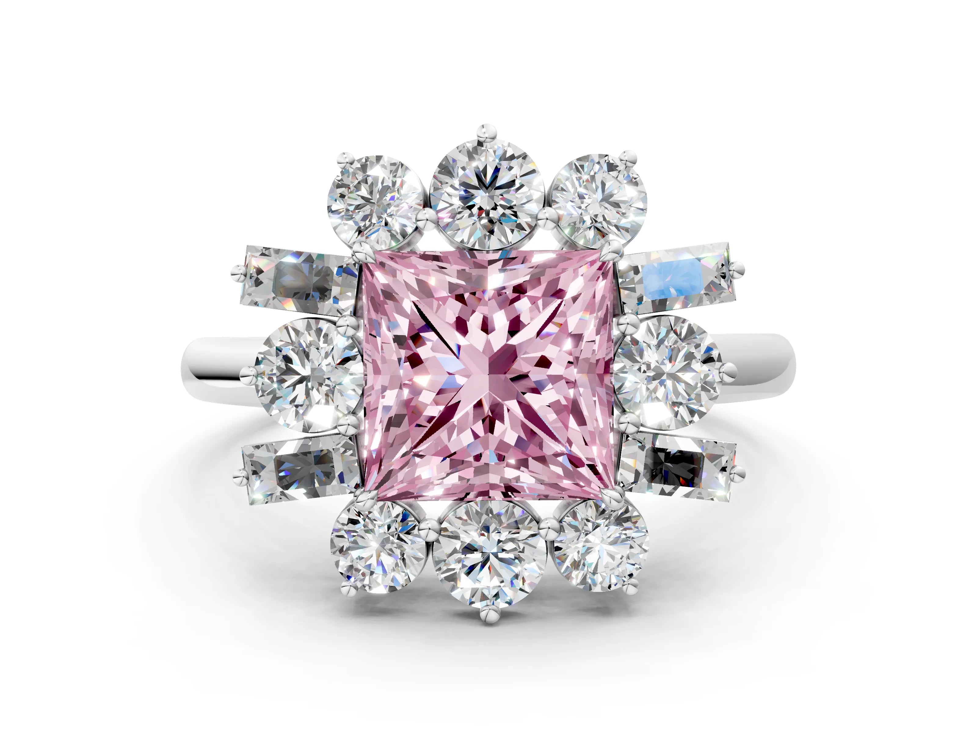 White gold Fancy Pink Princess Cut Diamond Cluster Ring with Round and Baguette Stones, Split Shank Band, Prong Setting