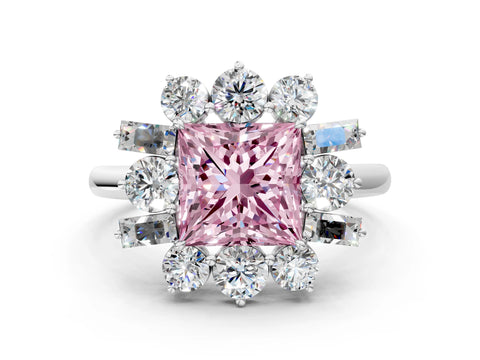 White gold Fancy Pink Princess Cut Diamond Cluster Ring with Round and Baguette Stones, Split Shank Band, Prong Setting