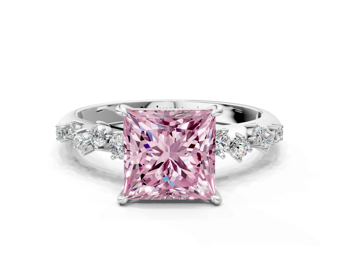 White gold Fancy Pink Princess Cut Diamond Cluster Side Stone Solitaire Ring with Prong Setting_52