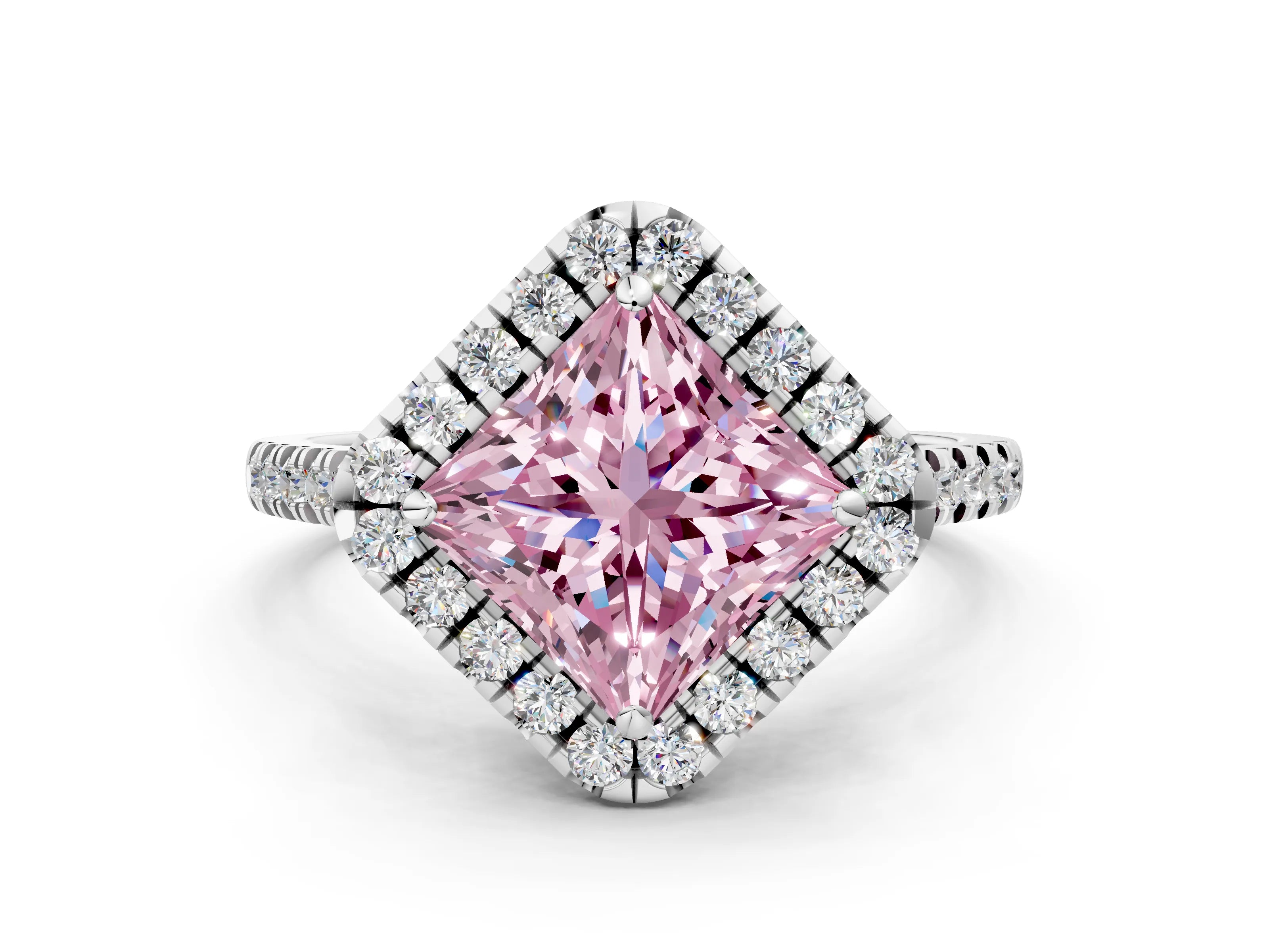 White gold Fancy Pink Princess Cut Diamond Cushion Halo Ring with Pavé Band_1