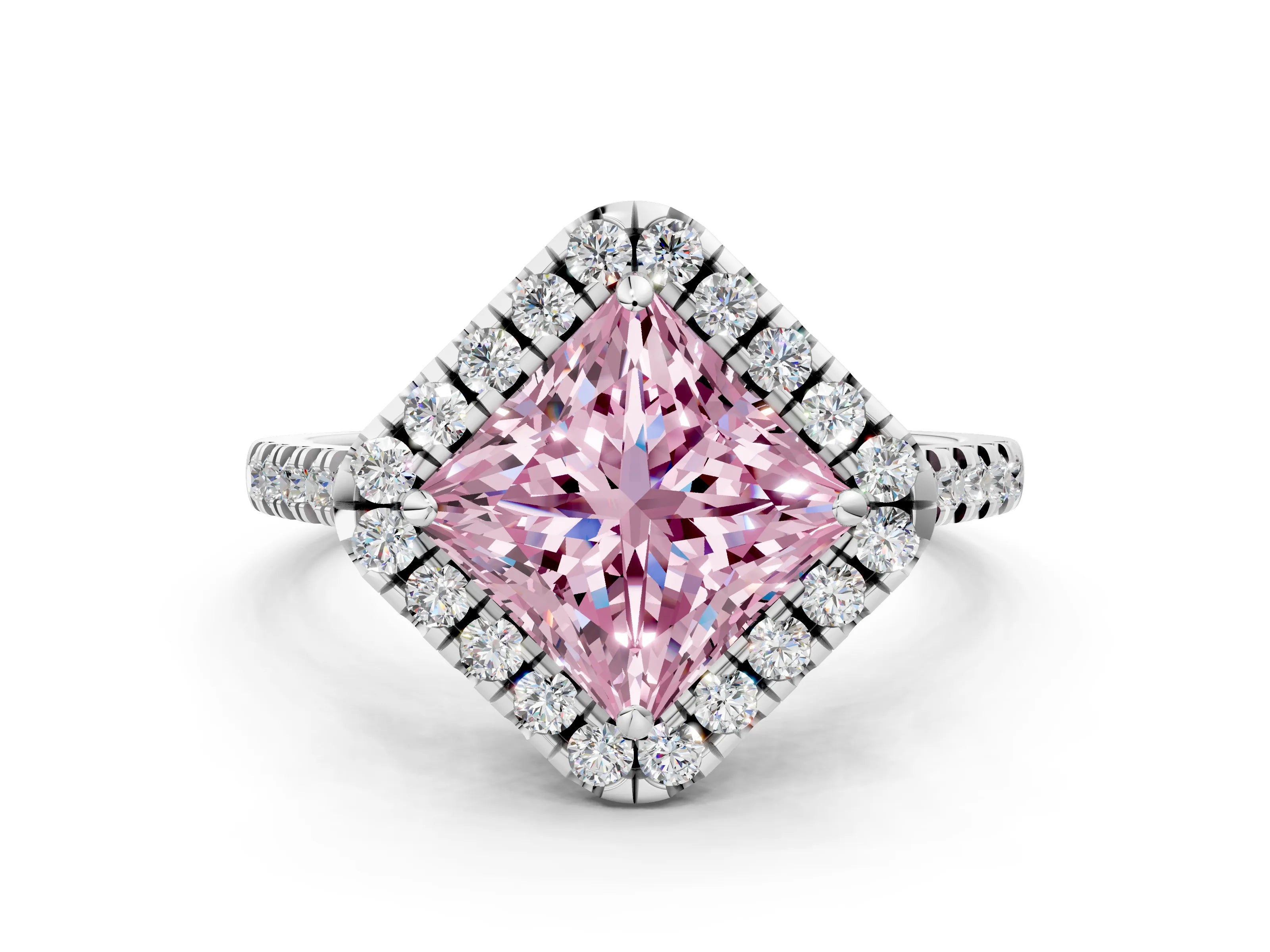 White gold Fancy Pink Princess Cut Diamond Cushion Halo Ring with Pavé Band_13