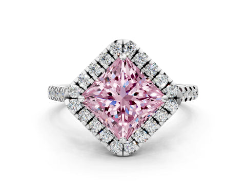 White gold Fancy Pink Princess Cut Diamond Cushion Halo Ring with Pavé Band_13