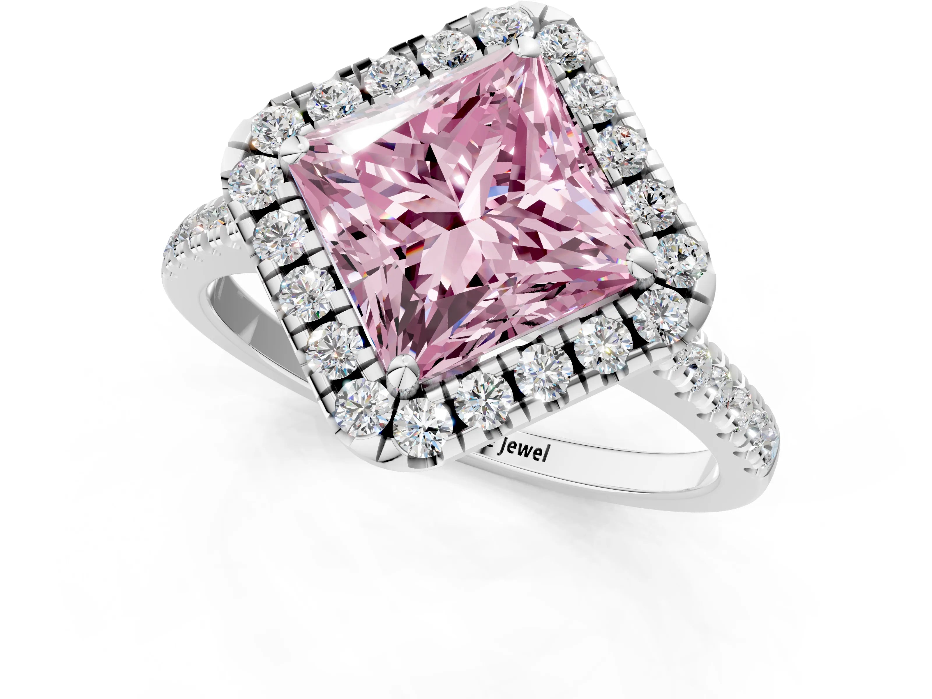 White gold Fancy Pink Princess Cut Diamond Cushion Halo Ring with Pavé Band_14