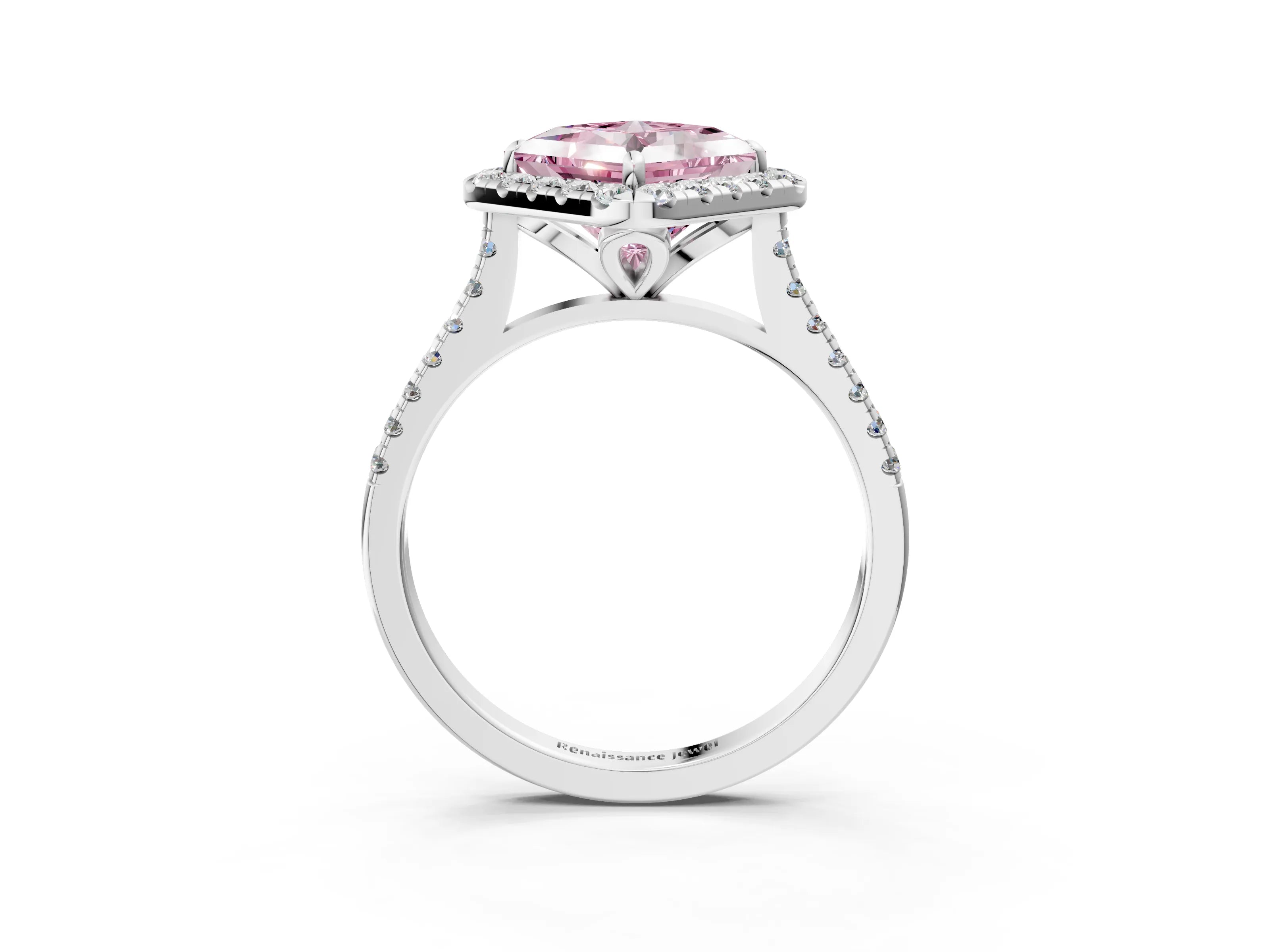 White gold Fancy Pink Princess Cut Diamond Cushion Halo Ring with Pavé Band_16