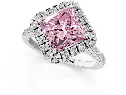 White gold Fancy Pink Princess Cut Diamond Cushion Halo Ring with Pavé Band_1