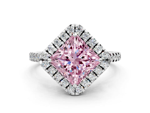 White gold Fancy Pink Princess Cut Diamond Cushion Halo Ring with Pavé Band_1