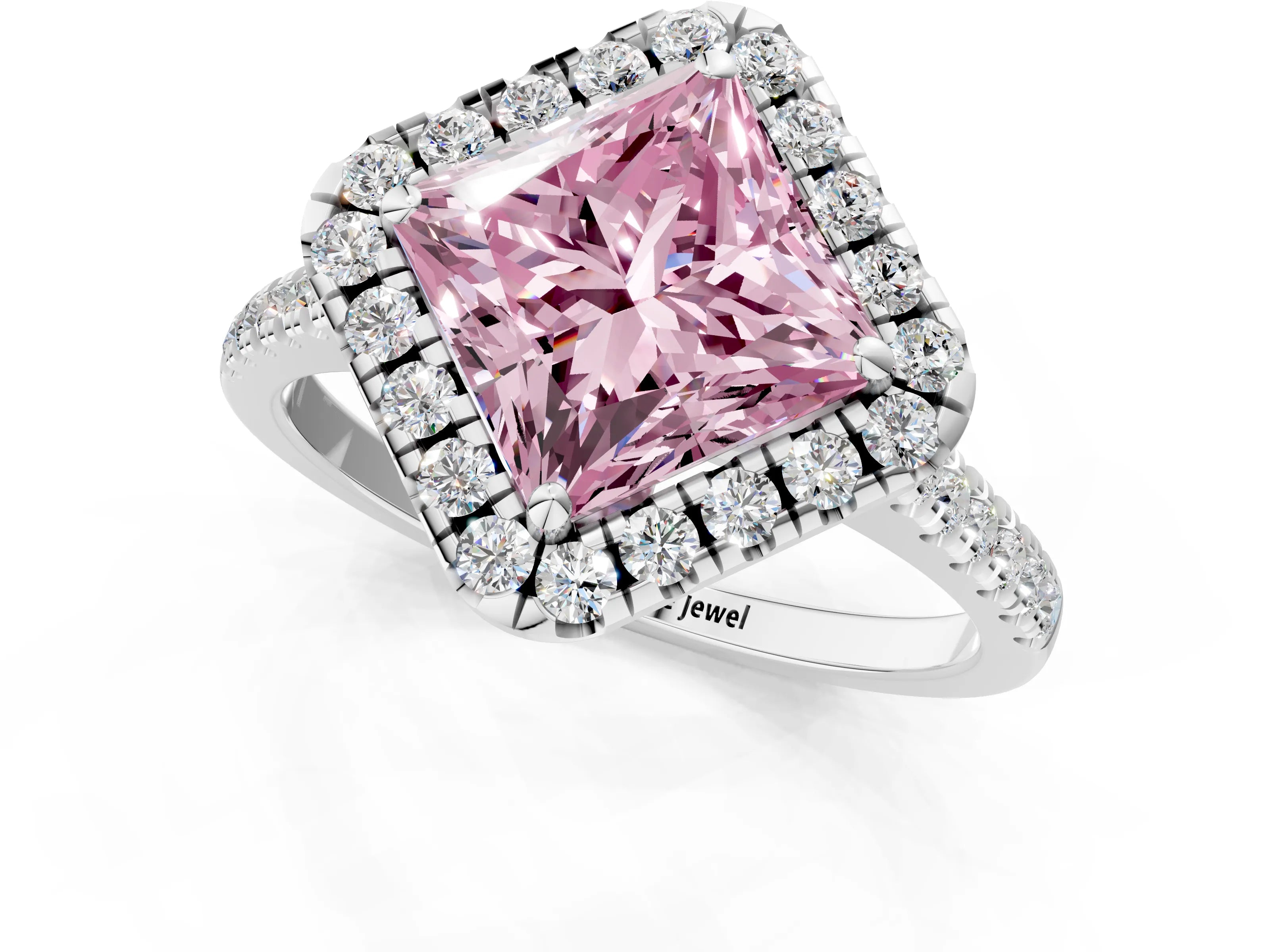 White gold Fancy Pink Princess Cut Diamond Cushion Halo Ring with Pavé Band_2