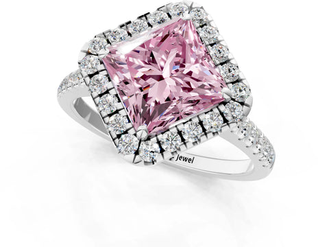 White gold Fancy Pink Princess Cut Diamond Cushion Halo Ring with Pavé Band_2