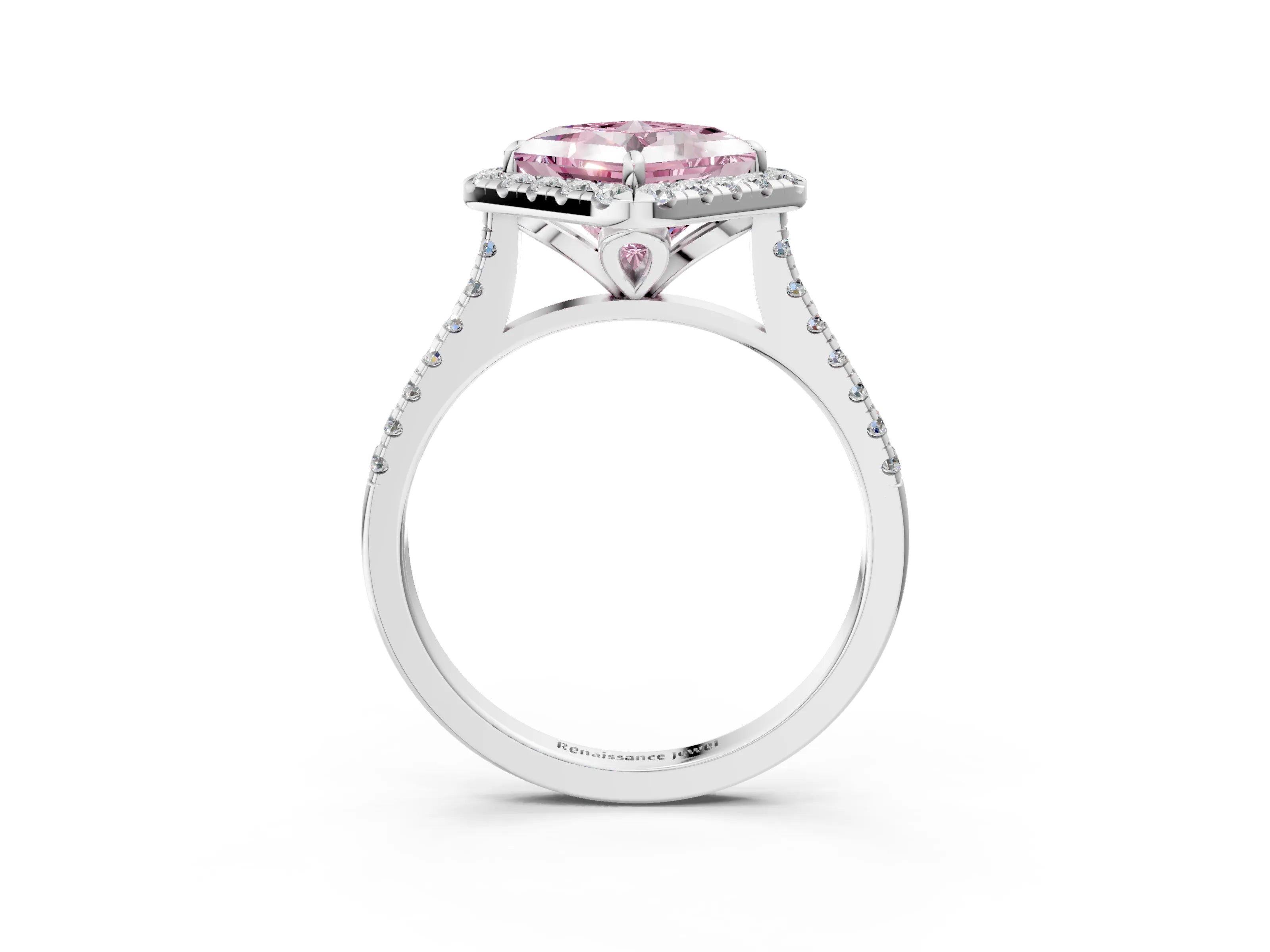 White gold Fancy Pink Princess Cut Diamond Cushion Halo Ring with Pavé Band_3