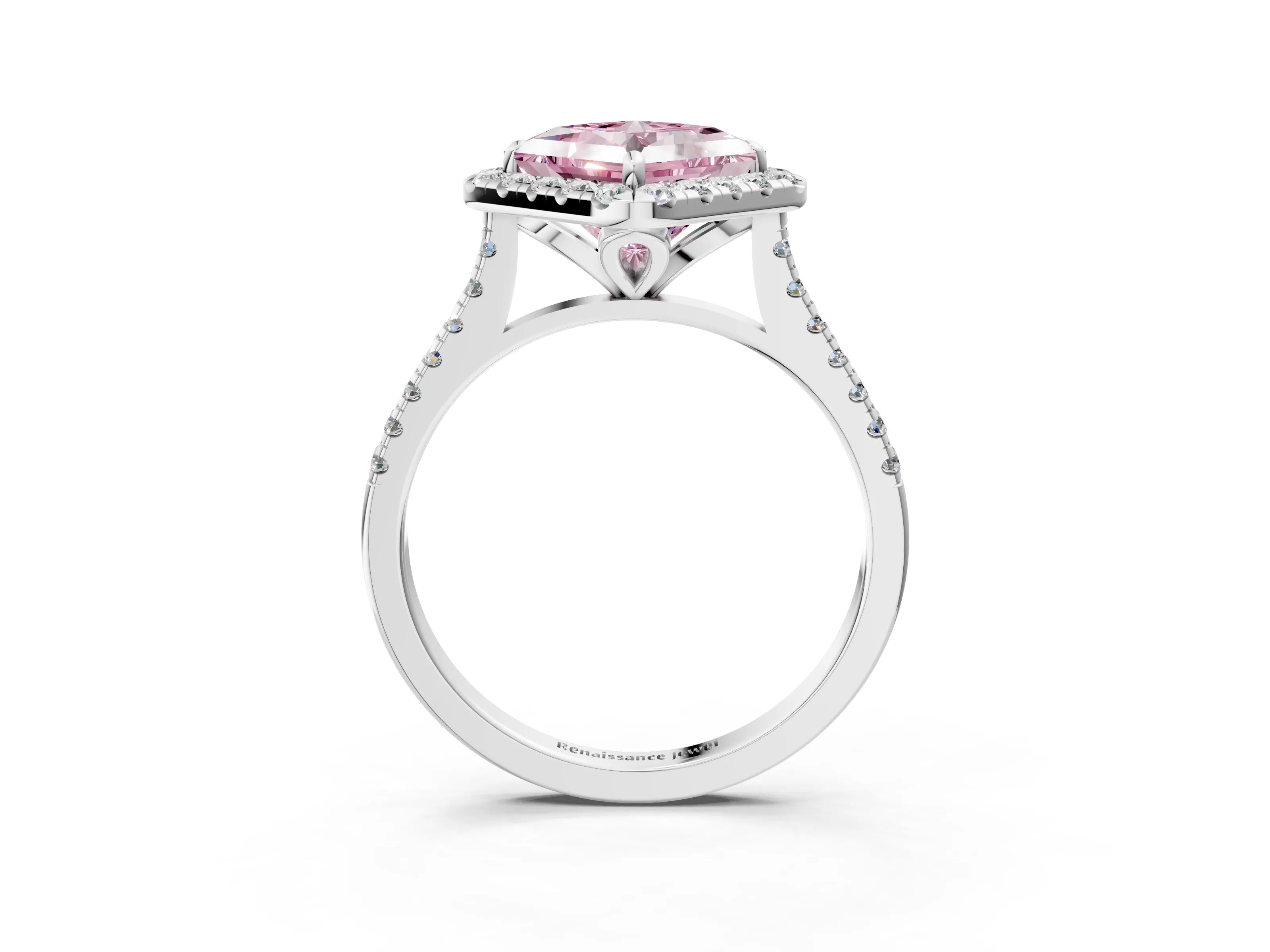 White gold Fancy Pink Princess Cut Diamond Cushion Halo Ring with Pavé Band_4