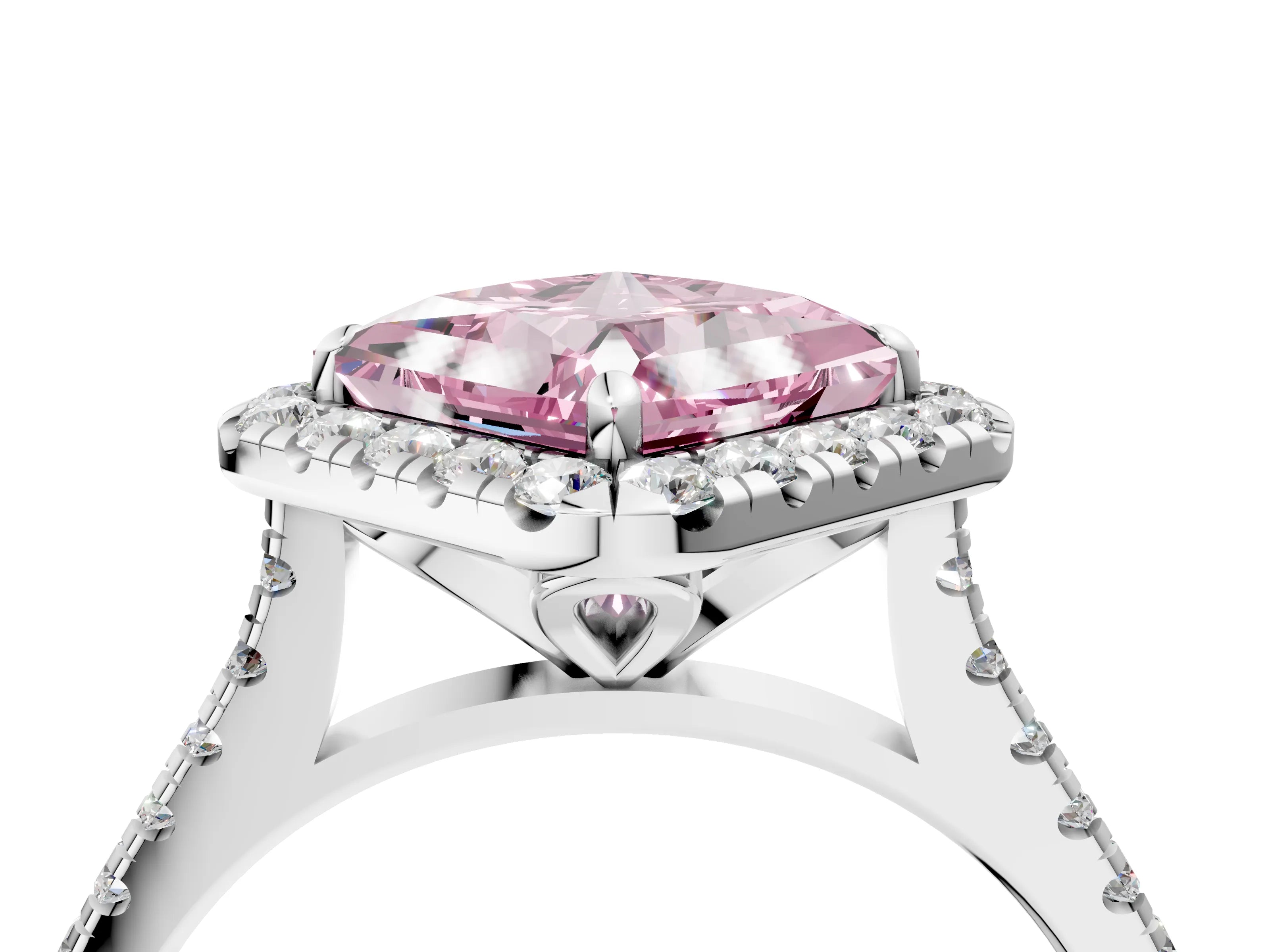 White gold Fancy Pink Princess Cut Diamond Cushion Halo Ring with Pavé Band_5