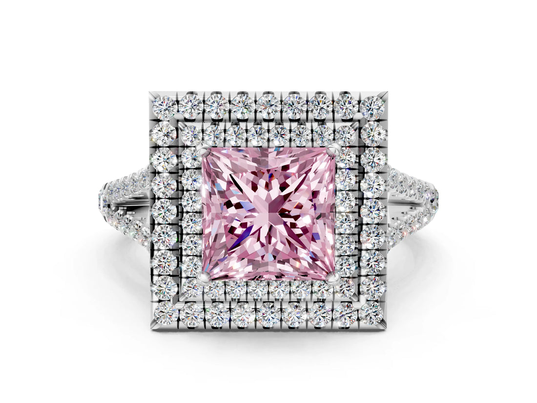 White gold Fancy Pink Princess Cut Diamond Double Halo Ring with Pavé Band and Prong Setting_56