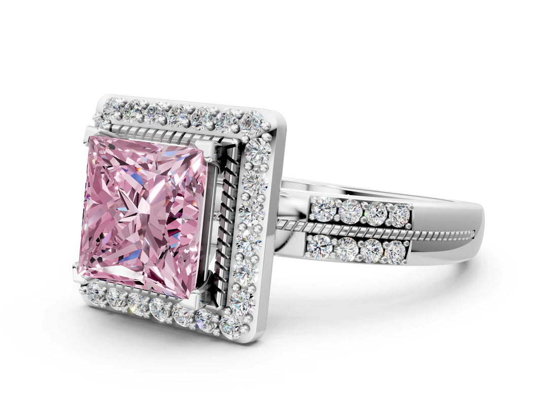 White gold Fancy Pink Princess Cut Diamond Double Halo Ring with Split Shank and Four-Prong Setting_12