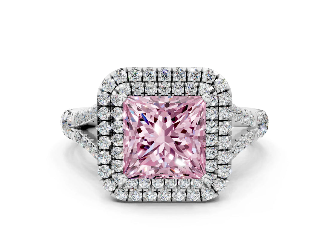 White gold Fancy Pink Princess Cut Diamond Double Halo Ring with Split Shank and Prong Setting_27
