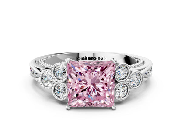 Platinum Princess Cut Engagement Ring Setting for Fancy Pink Center with Bezel-Set Shoulder Clusters