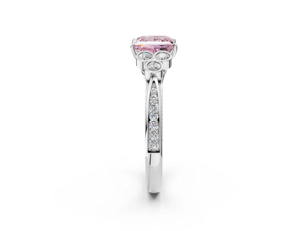 Platinum Princess Cut Engagement Ring Setting for Fancy Pink Center with Bezel-Set Shoulder Clusters